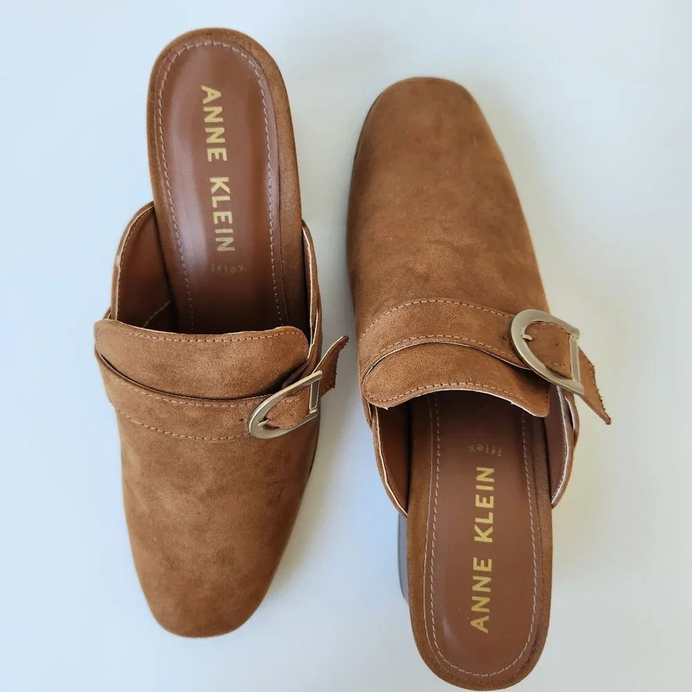 Anne Klein Brown Block Heel Mules Faux Suede Buckle Slip On Business Casual 10 - Picture 2 of 14